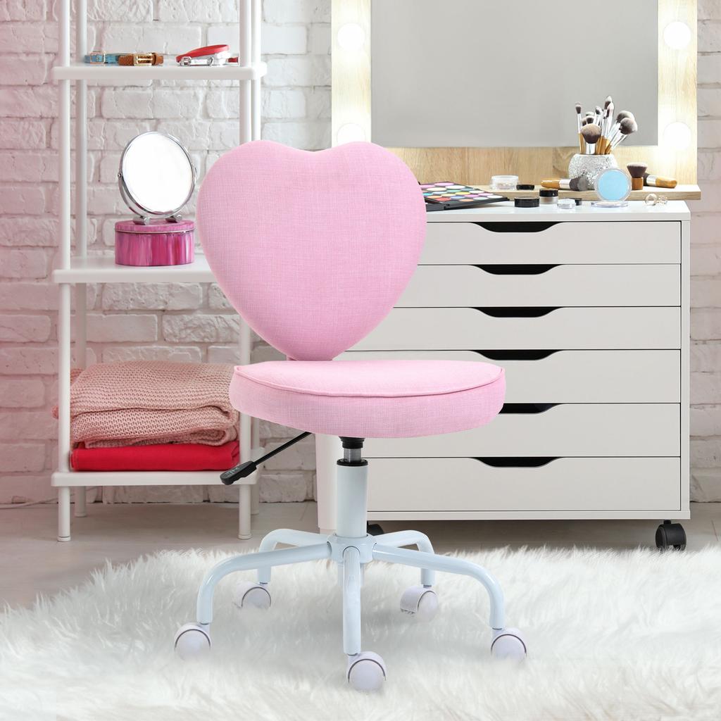 Silla giratoria, Bonito diseño de corazón, Altura regulable, Funda de tela con aspecto de lino, Rosa, 42 x 50 x 79-89 cm
