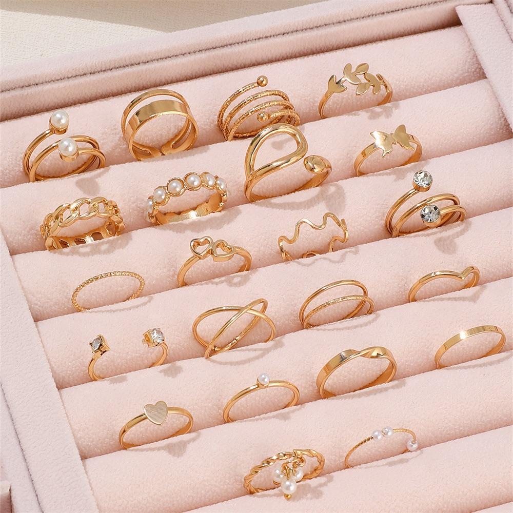 Gold/Silver Wave Joint Rings Set Heart Shape Love Chain Joint Ring Multi Style Ring Set  Woman