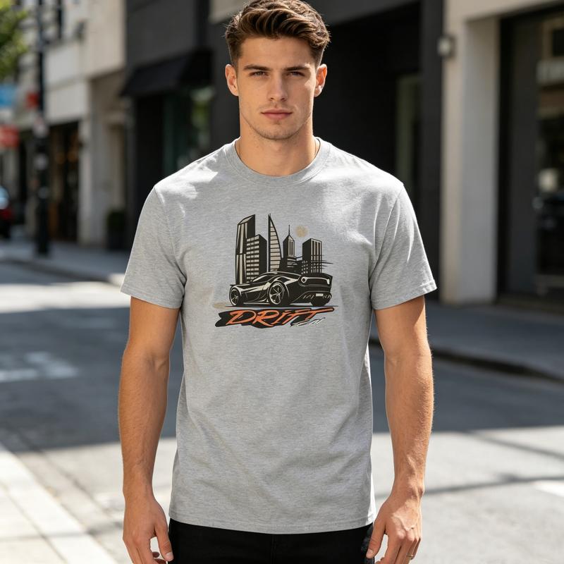 Drift Car Graphic T Shirt Urban City Skyline Print Unisex Soft Cotton Crew Neck Short Sleeve Trendy Casual Tops