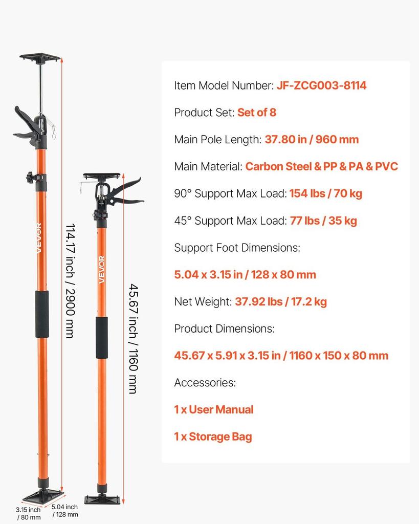 Cabinet Jack Support Pole, 8-Pack, 116-290 Cm Steel Telescopic Quick Support Rod, Adjustable 3rd Hand System Up To 70 Kg Capacity for Installing