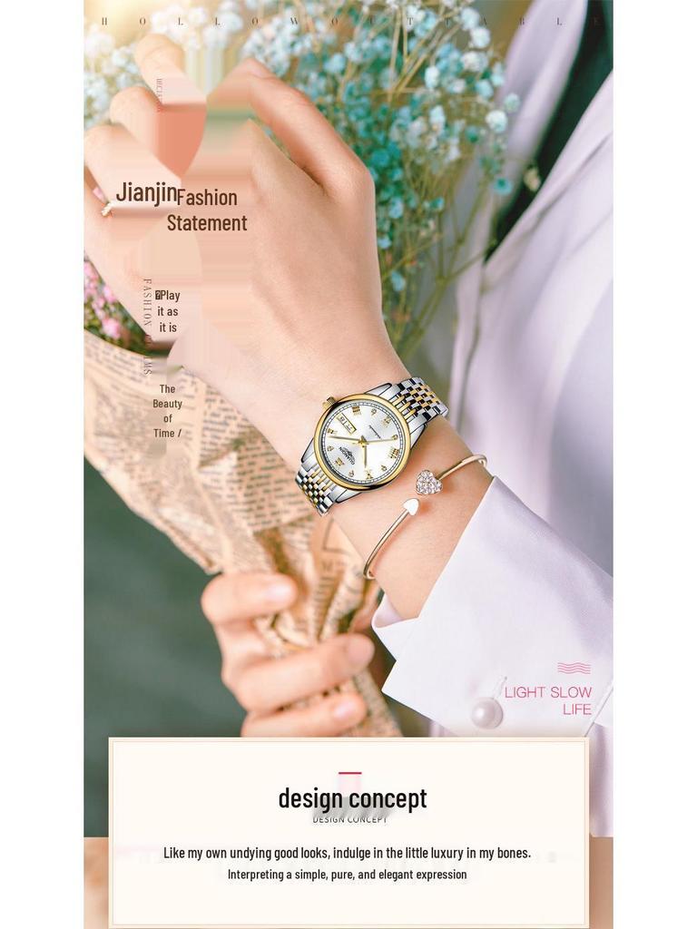 Montre Minimaliste pour Femme avec Strass Suisses, Étanche, Double Calendrier, Cadran Lumineux et Bracelet en Acier.