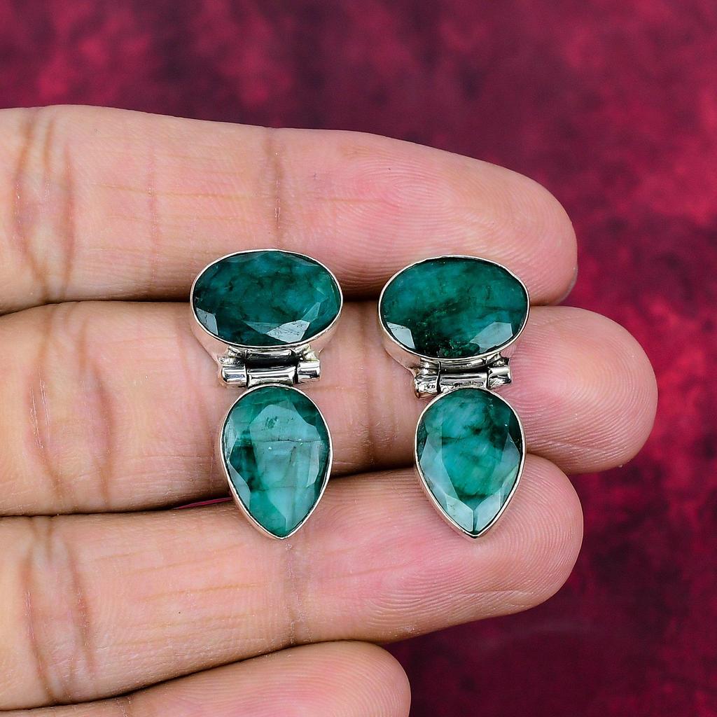 Emerald 925 Solid Sterling Silver Earrings, Handmade Gemstone Earrings Jewelry, Gifts For Wife Brand New Earrings