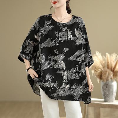 Summer New Artistic Plus Size Loose Print Round Neck Three Quarter Sleeve T-shirt