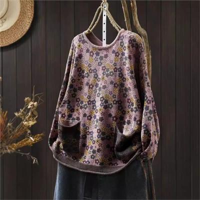 Woman Autumn Chinese Style Vintage Print O-Neck Loose Sweater Fashion Casual Long Sleeves Casual Sweater