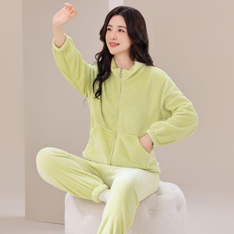 

Женский комплект для дома из кораллового флиса, осенне-зимний, тонкий, с кардиганом на молнии со стойкой, флисовой курткой, комплект пижамы, верхняя одежда 2XL светло-зеленый
