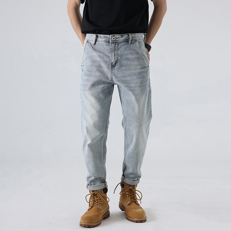 Jeans Chiari da Uomo, Pantaloni Cropped Trendy Gamba Dritta Vestibilità Slim, Pantaloni Lunghi Casual Traspiranti da Uomo con Tasca Obliqua