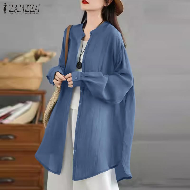 ZANZEA Dame Casual Rund Hals Ensfarget Løs Langermet Bluse