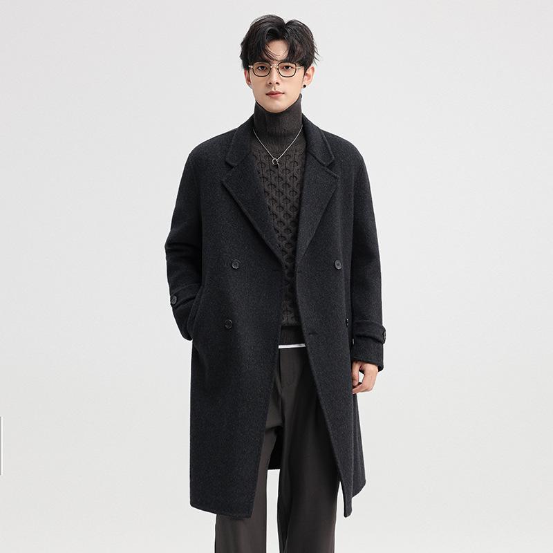 2025 Autumn/Winter Men's Double-Sided Wool Double-Breasted Trench Coat, Mid-Length with Lapel