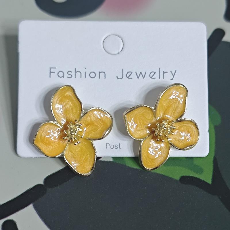 925 Silver Hibiscus Red Flower Stud Earrings - Retro Hong Kong Style with Three-Dimensional Drip Glaze Design