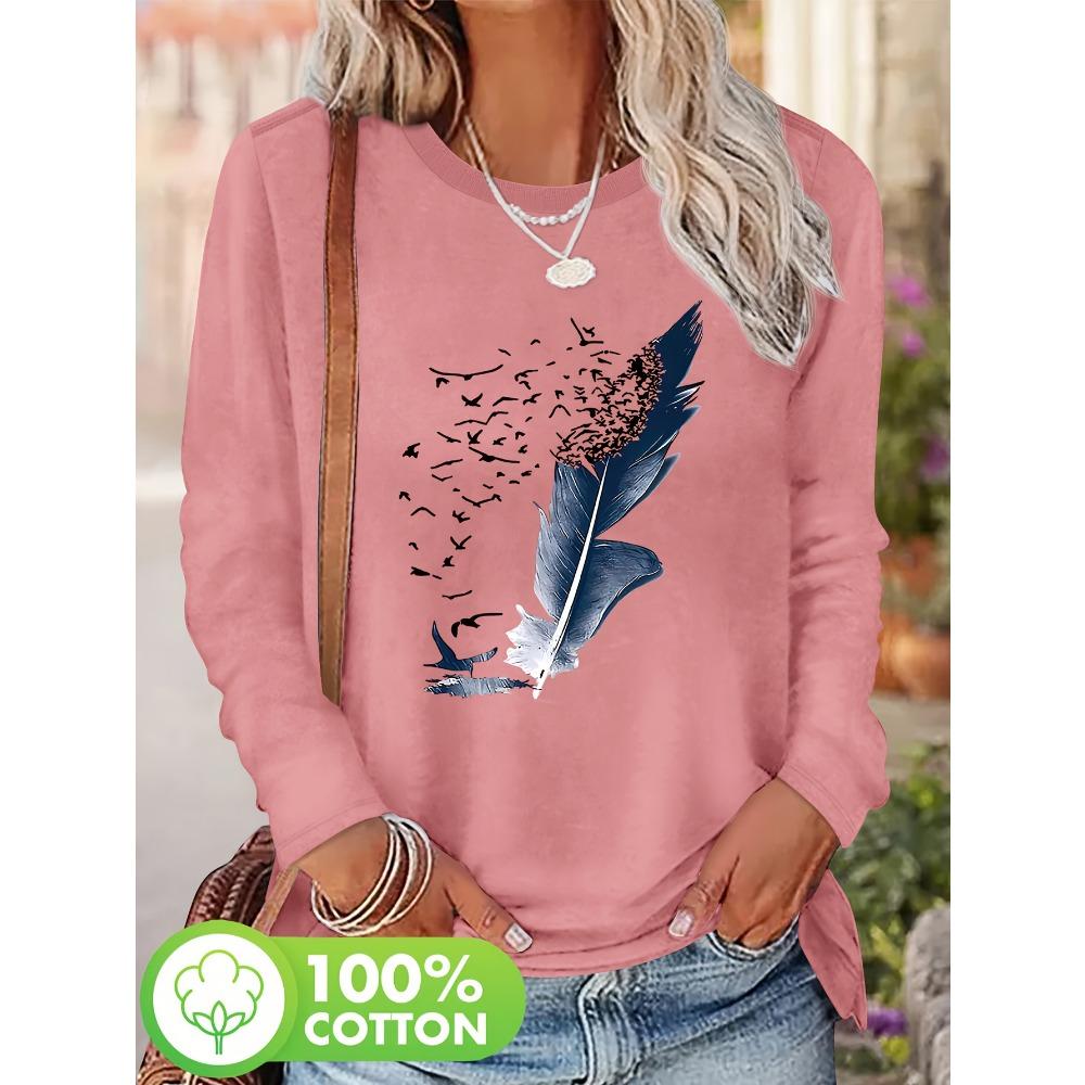Women'S Cotton Long Sleeve T-Shirt Leaf and Birds Casual Top Fall Winter Fashion Ladies T Shirts Clothing Artistic Print Tee
