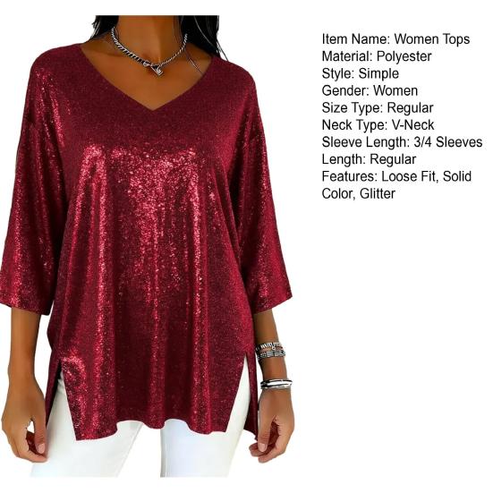 Women Tops V-Neck 3/4 Sleeves Loose Fit Pullover Tops Solid Color Loose Fit Glossy Design Casual Tops Women Clothing