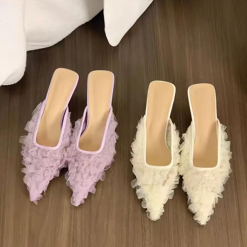 Pointed Toe Mid Heels Women Slippers Elegant Shallow Heeled Shoes 2025 Summer Fad Slides Pumps Designer Dress Sandalias De Mujer