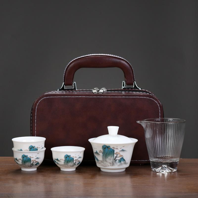 Suet Jade Porcelain High-end Travel Tea Set Cover Bowl Teacup Business Leader Customer Teacher Father Commemorative Gift