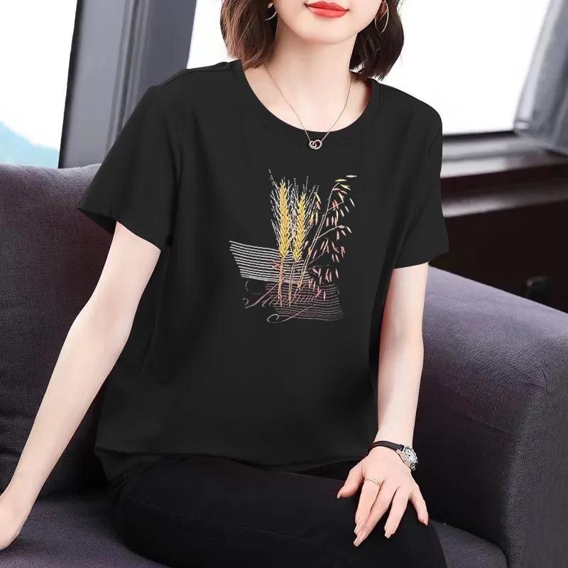 Women's Summer Black Wheat Embroidery Crew Neck Short Sleeve T Shirt