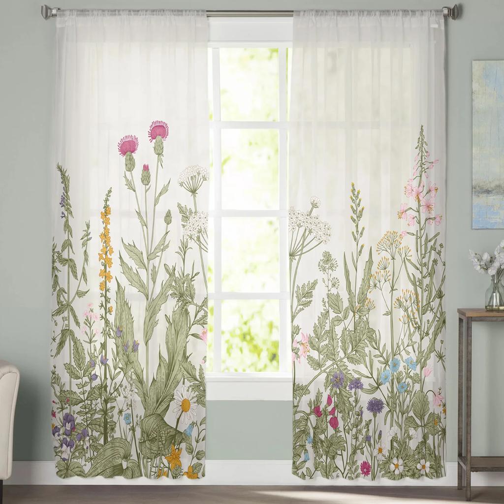 Plants Flowers Leaves Curtain Window Tulle Living Room Bedroom Kitchen Chiffon Treatment Decorations Curtains Light Filtering Made Of Polyester Area
