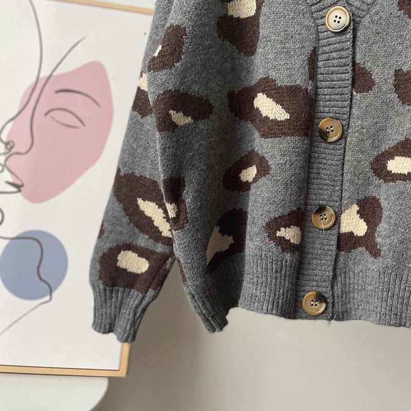 Hirsionsan Myk strikket Leopard Cardigan Dame 2023 Høst Ny V-hals Y2k Crop Dame Genser Oversized Varme Dameklær