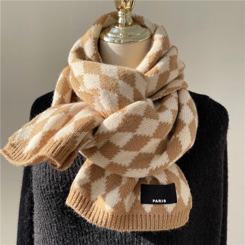 Scarf for Women Autumn and Winter Korean Version Versatile Checkerboard Student Couple Warm Knitted Wool Scarf Spring Festival Festive Red