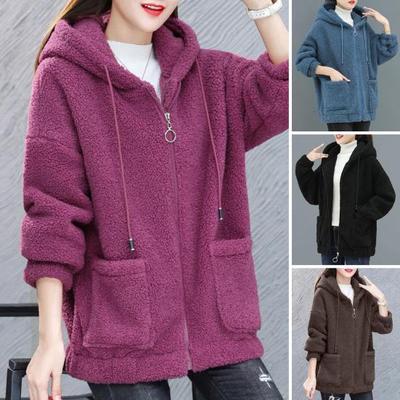 Ženy Podzim Zima Kabát se stahovací šňůrkou a kapucí Dlouhý rukáv Kapsy na zip Zapínání na zip Silný plyšový kardigan Outwear Streetwear