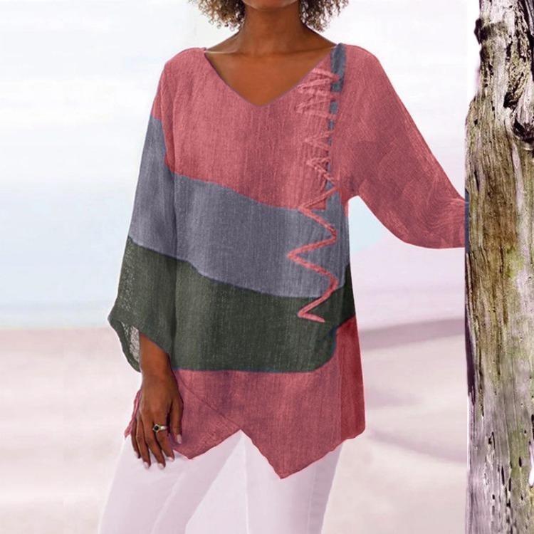 Art Print V Neck Loose Casual Women Long Sleeve Top Irregular Hem
