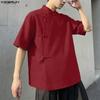 INCERUN Vintage Men Summer Stand Neck Short Sleeve Side Buttons Casual Traditional Style Shirts