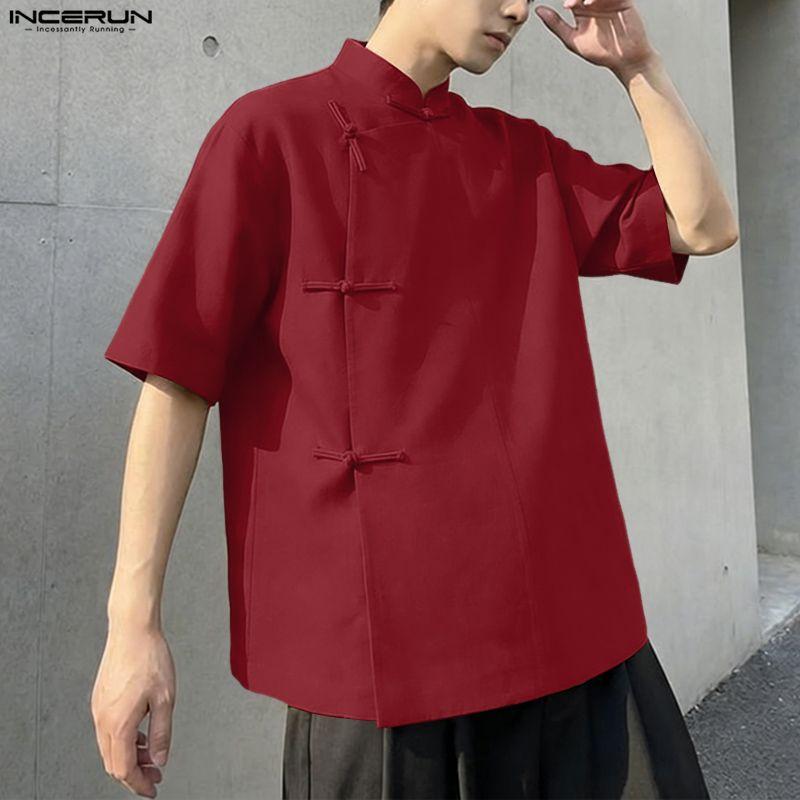 INCERUN Vintage Men Summer Stand Neck Short Sleeve Side Buttons Casual Traditional Style Shirts