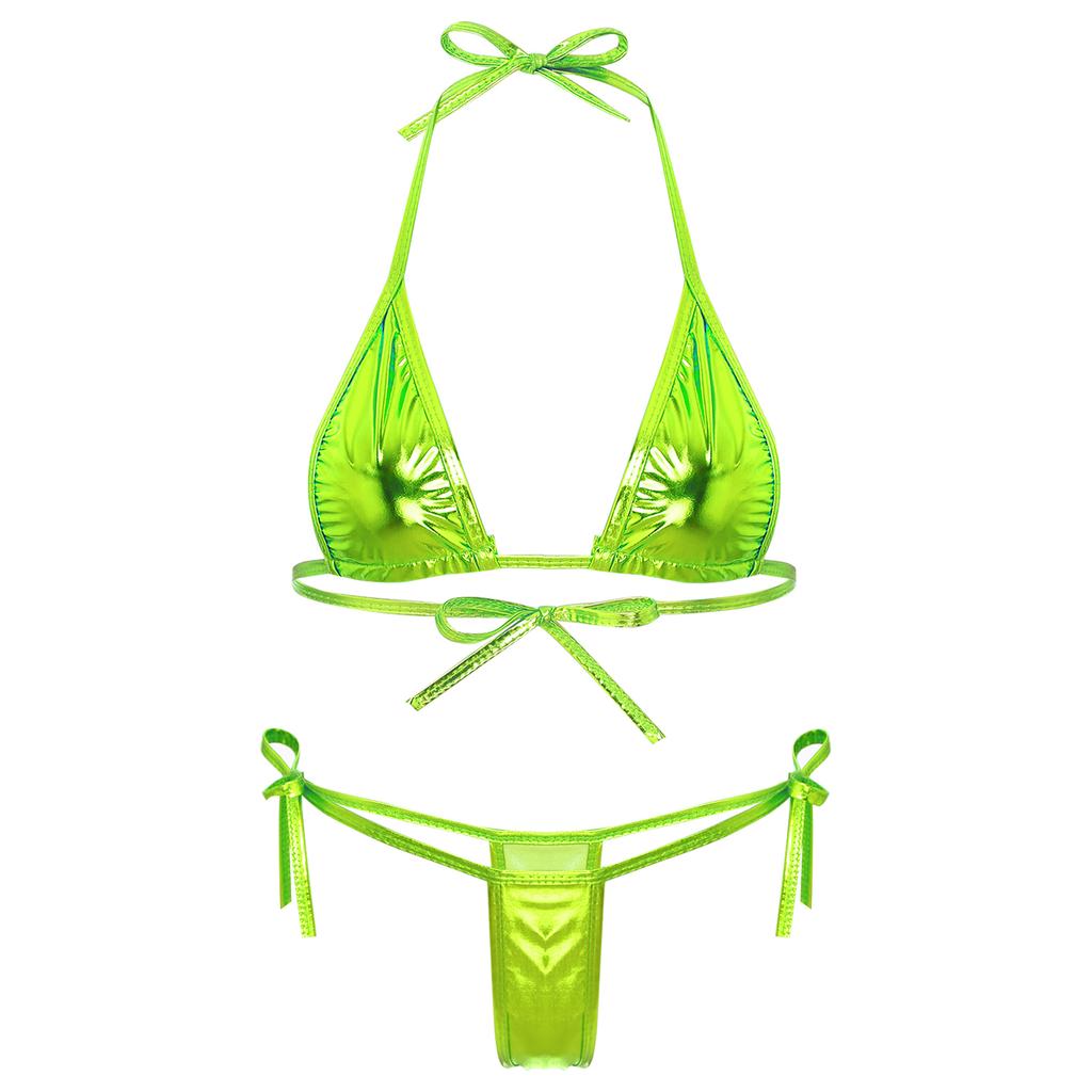 Womens Metallic Bikini Set Lacing Triangle Top G String Swimwear for Pool Parties