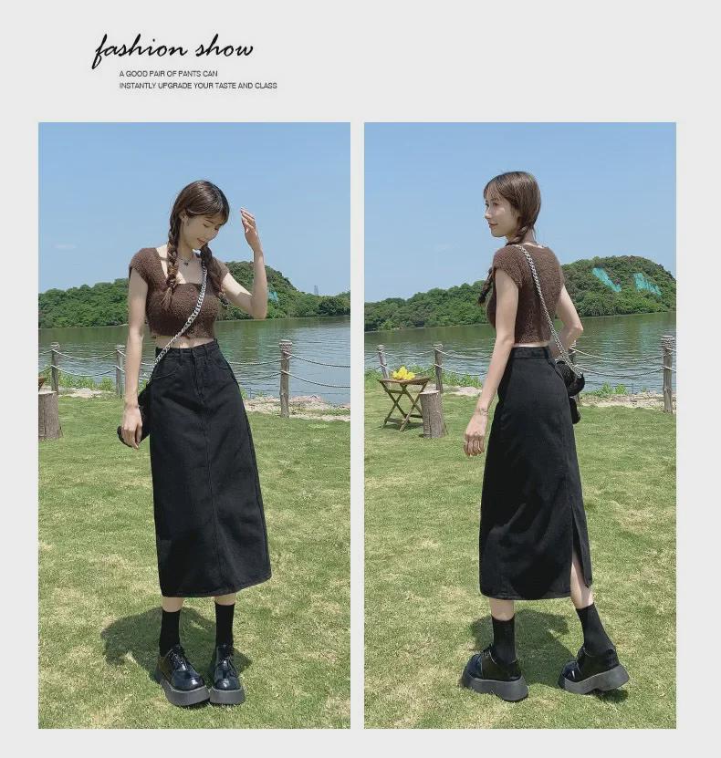 Schwarzer Denim Midi-Rock mit Schlitz und hohem Bund - 2025 A-Linien-Stil für Frühling/Herbst für Damen