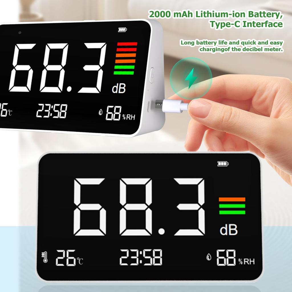 4-in-1 Digital Sound Level Meter ,Desktop Decibel Monitor 30-130dB,for Noise Measureing,Library, with Time&Temp&Humidity Display