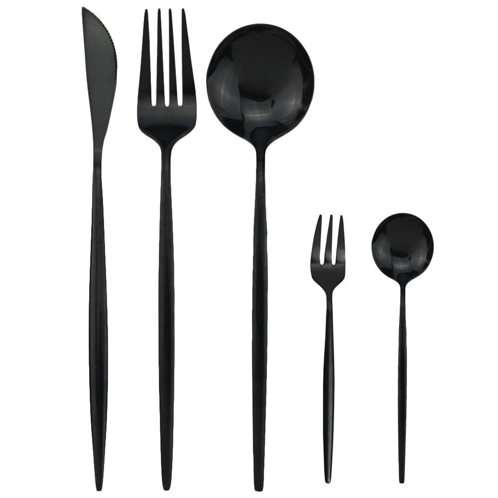 5Pcs Black Gold Dinnerware Set Knife Fork Spoon Flatware Set Stainless Steel Tableware Set Kitchen Cutlery Fruit Fork Silverware