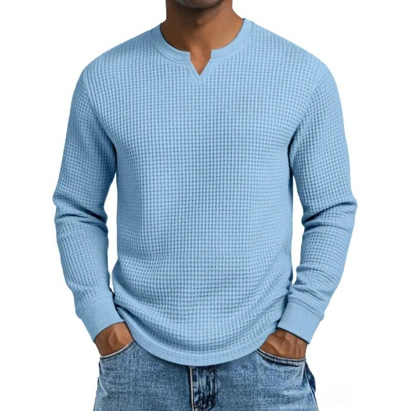 Herren Plus Size Waffel Karomuster Slim Fit Langarm V-Ausschnitt Lässiges T-Shirt