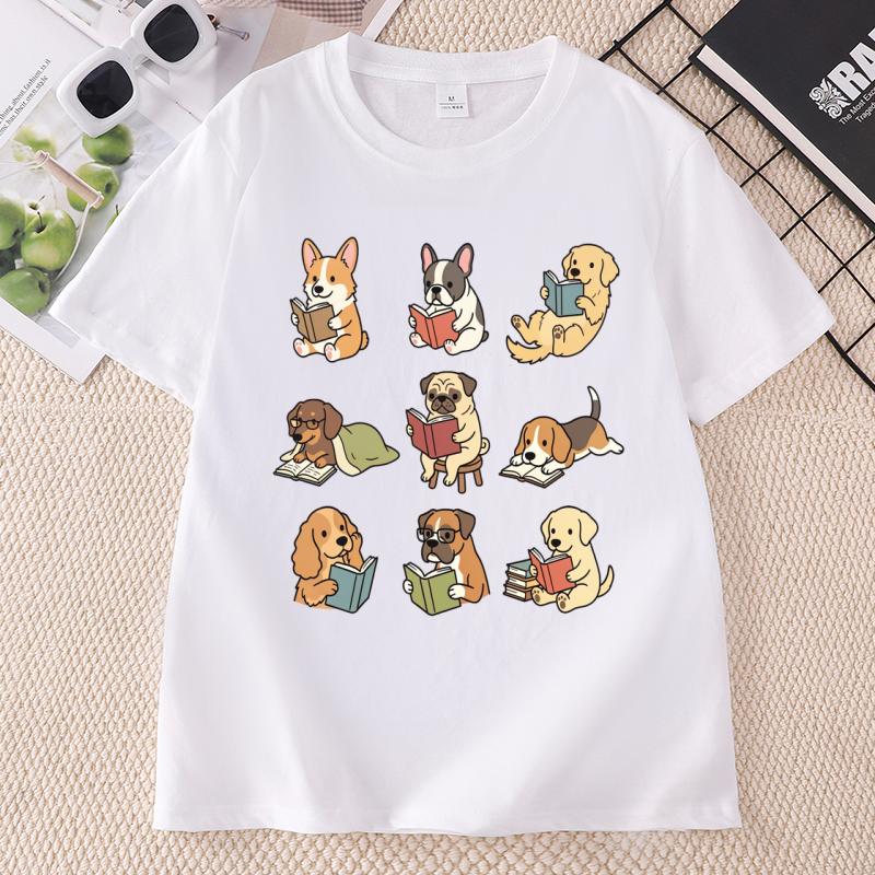 Funny Dog Reading TShirt Cute Dogs With Books Tee Dog Lover Funny Animal Graphic Tee Cotton Short Sleeve Round Neck Tees