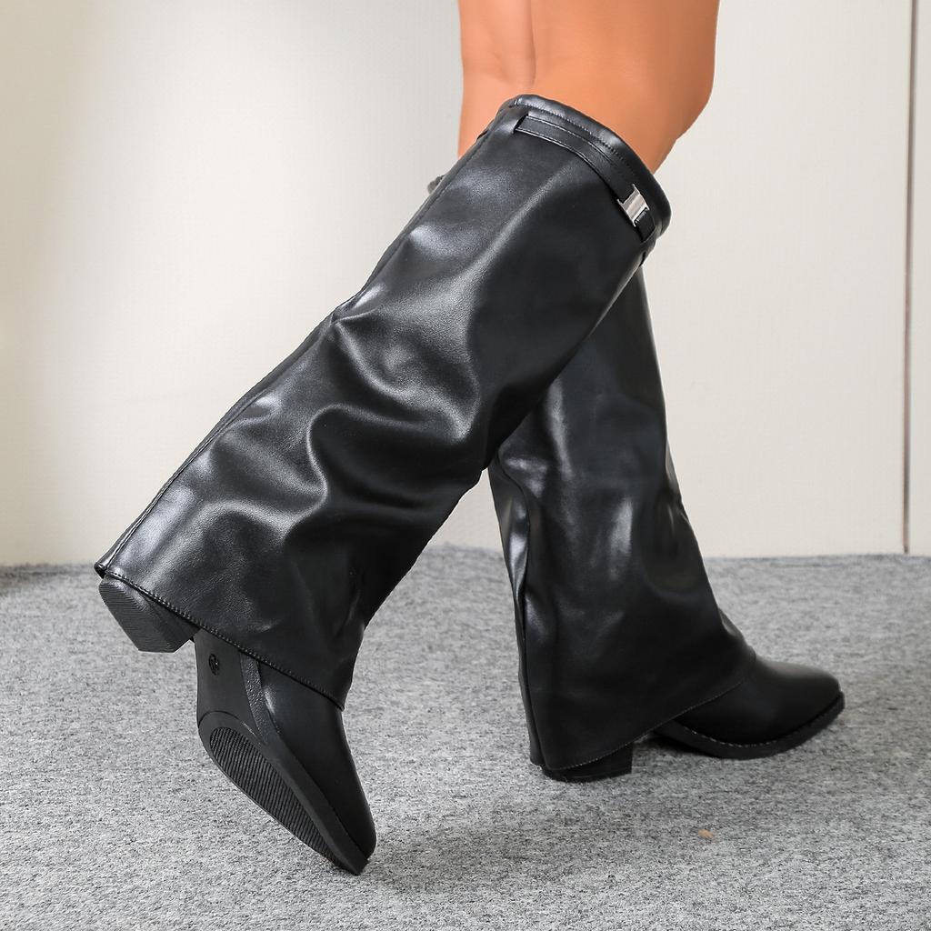2025 Neue Falten High-Heel Mode Stiefel Dicke Ferse Übergröße Britischer Stil Hohe Hosenstiefel Damen Übergröße