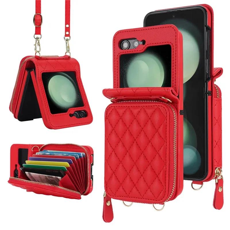

Crossbody Lanyard Leather Zipper Wallet Card Phone Case for Samsung Galaxy Z Flip 7 6 5 4 3 Flip6 Flip5 Flip4 Wrist Rope Cover Samsung Z Flip 3