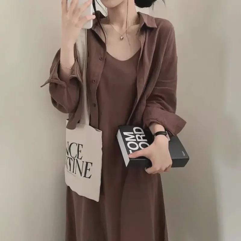 Chic Korean Spring/Autumn Retro Style Suspender Dress + Shirt Jacket Set for Women