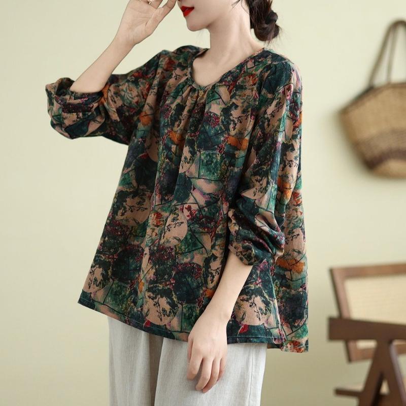 Stile Cinese Vintage Autunno Inverno Donna Scollo a O Bottoni Stampa Semplicità Moda Manica Lunga Larghi Pullover Magliette Top