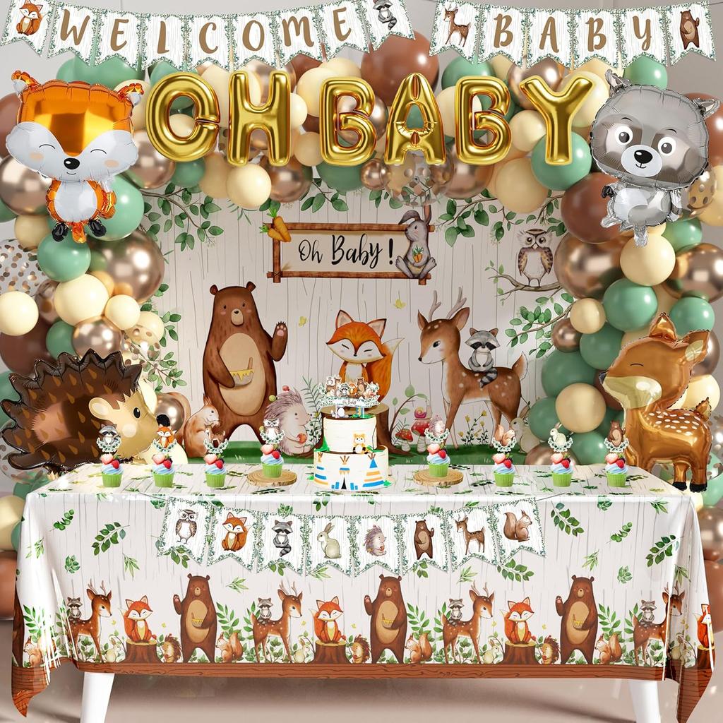 BORAMDO Woodland Animals Baby Shower Decoration Pack Forest Animal Neutral Gender Reveal Party Supplies Woodland Themed Birthday Party Ideas Set 106