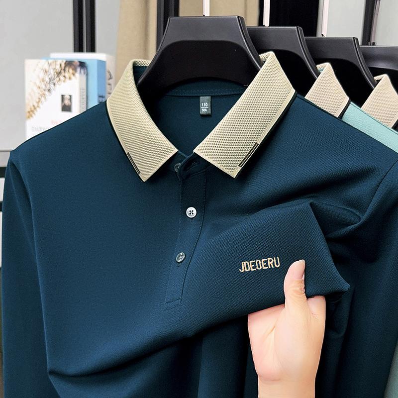 Men's Polo Shirt Contrast Lapel Long Sleeve T-Shirt Autumn Letter Embroid Fashion Business Leisure Men'swear