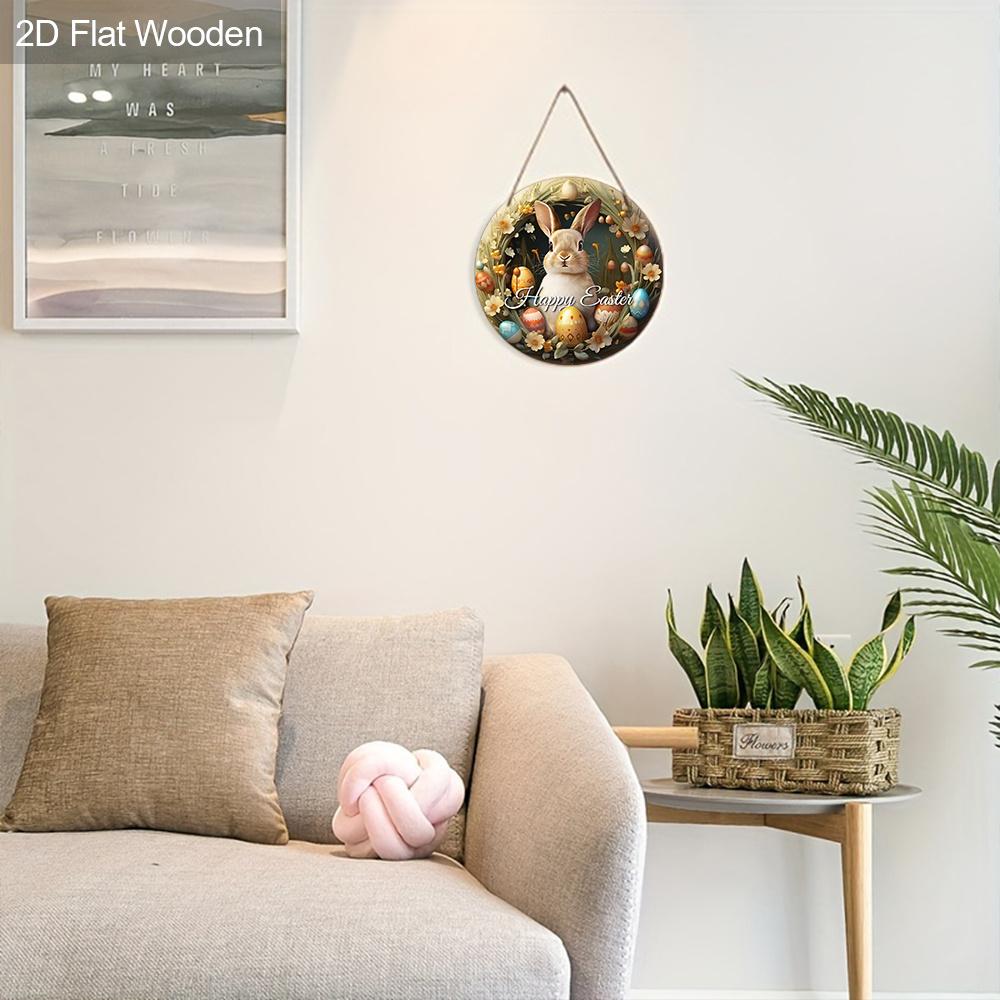 Happy Easter Bunny & Egg Wreath Wooden Sign, Round Front Door Decor, Rustic Spring Wall Hanging - Ideal Easter Gift