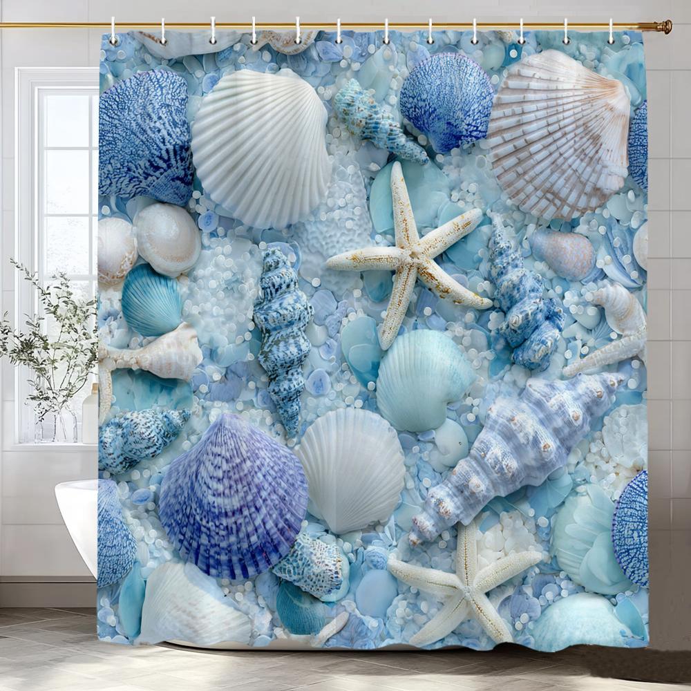 

1Pc Beach Shower Curtain Shell Starfish Ocean Scenery Bathroom Decoration Printing Polyester Fabric Contains 12 Hooks W60H190(CM)-1 Pcs