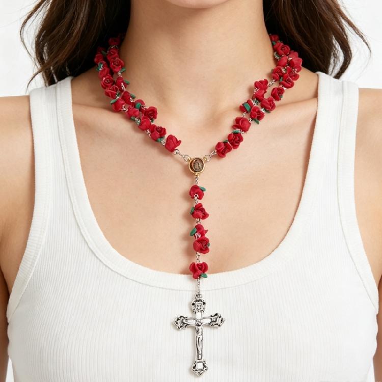 Cross Rose Beads Religious Jewelry for Women Catholic Rosary Necklace Meditation