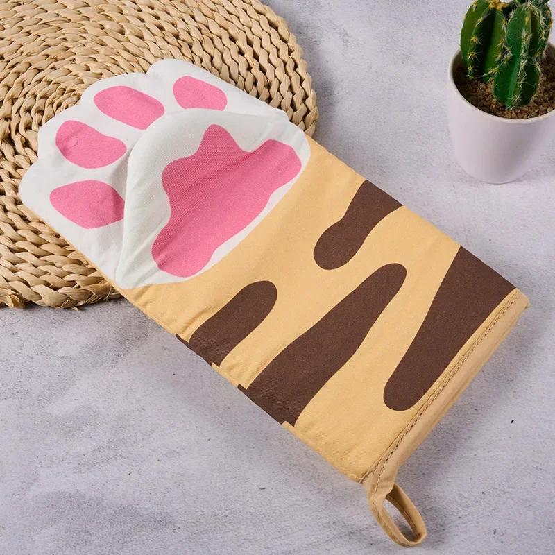 Cute Cat Paw Heat Proof Oven Mitts Microwave Thickened High Temperature Resistant Kitchen Household Baking Anti-hot Hand Gloves