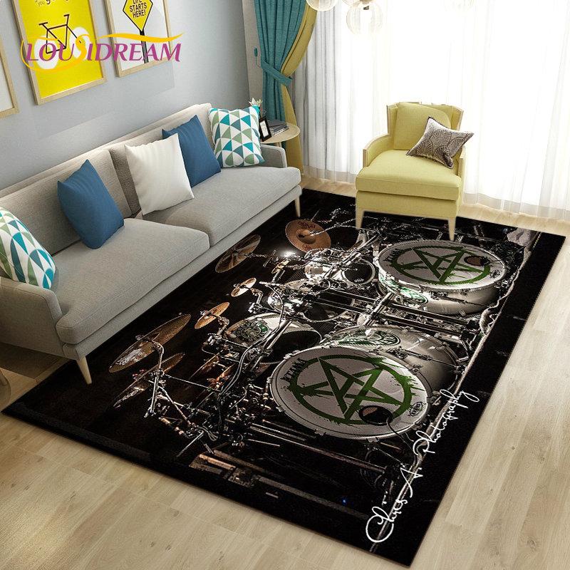 Teppich mit Schlagzeug, Musikinstrumenten, groß, Teppich für Wohnzimmer, Schlafzimmer, Sofa, Fußmatte, Küchendekoration, rutschfeste Bodenmatte für Kinder
