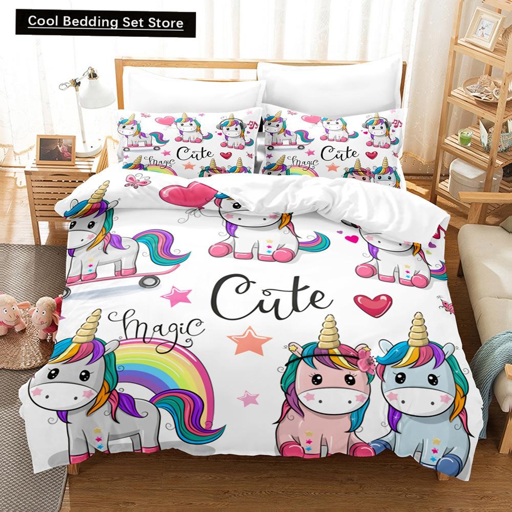 Sada ložního prádla s duhovým jednorožcem Kawaii Kreslené zvířecí ložní prádlo pro děti Dívky 2/3ks Velikost Twin Single Double Queen Sady povlaků na přikrývku