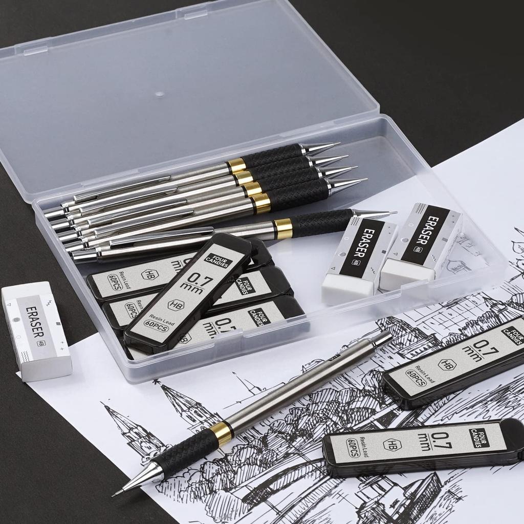 Four Candies Metal Mechanical Pencil Set Art Pencils HB Lead Refills Erasers Eraser Drafting Writing and Sketching Pencils with Case - 6-Pack 0.7mm &