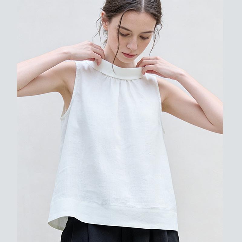 Women's Versatile Pure Linen Stand-Collar Vest, Spring/Summer A-Line Silhouette Sleeveless Top