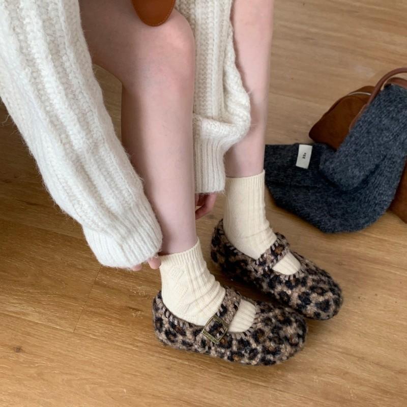 Flat Bottom Round Head Leopard Print Plush Shoes Women's Outer Wear 2025 New Autumn and Winter Mary Jane Single Shoes Plush Cotton Shoes