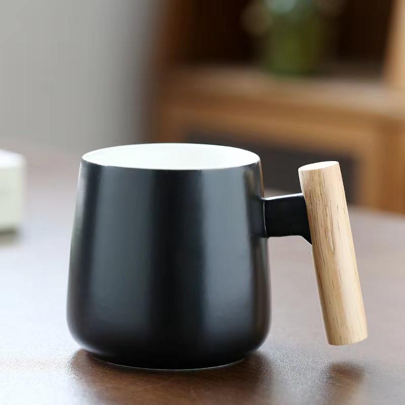 Nordic Ceramic Mug with Lid & Spoon - Wooden Handle, Ideal for Coffee, Office, or Gift with Logo Print.