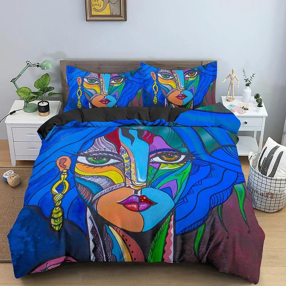 Abstraktes Gesicht King Queen Bettbezug Frau Portrait Bettwäsche Set Graffiti Bettbezug Fantasy Design Polyester Bettbezug