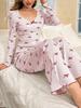 Sweet bow pajamas women, spring and summer new high-end V-neck lace edge trousers loungewear European and American style suit