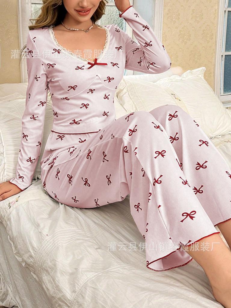 Sweet bow pajamas women, spring and summer new high-end V-neck lace edge trousers loungewear European and American style suit